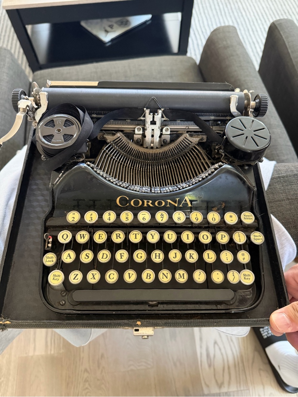 Corona Black Typewriter with Cream Round Keys